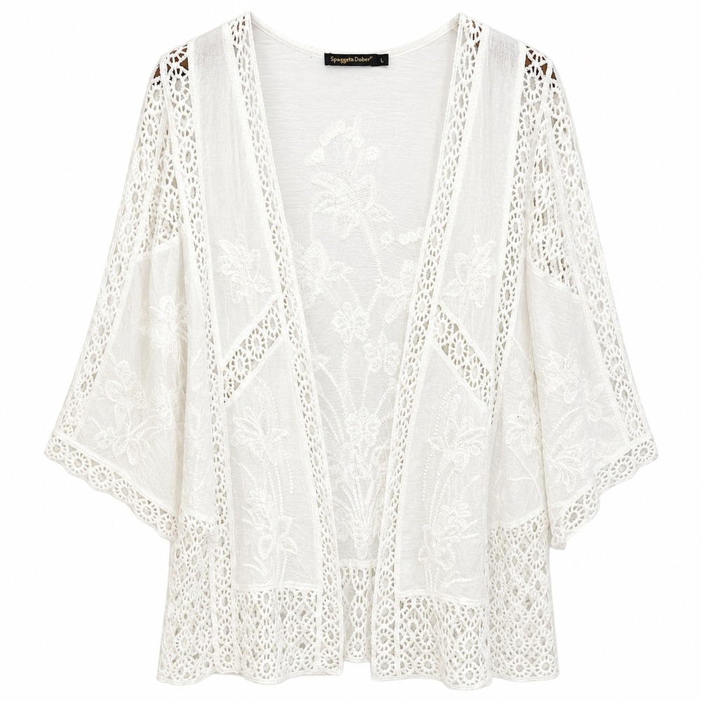 Spiaggia Dolce White Cotton Crochet Lace Floral Embroidered Kimono Cardigan L